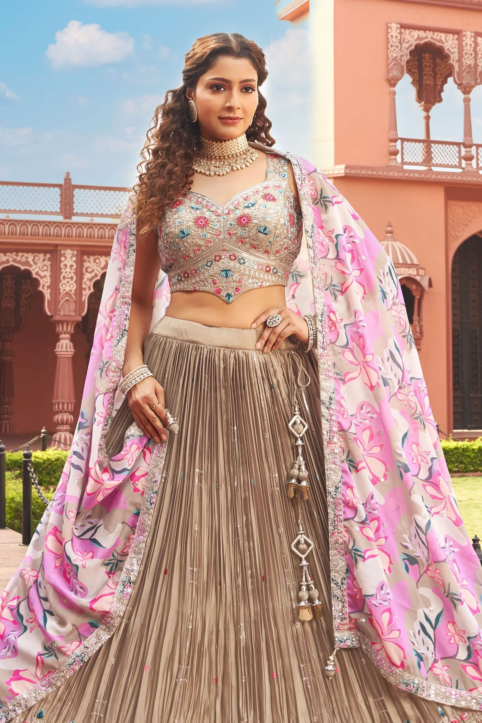 Gold Sequins, Zari and Multicolor Thread work Crop Top Lehenga with Floral Print Dupatta