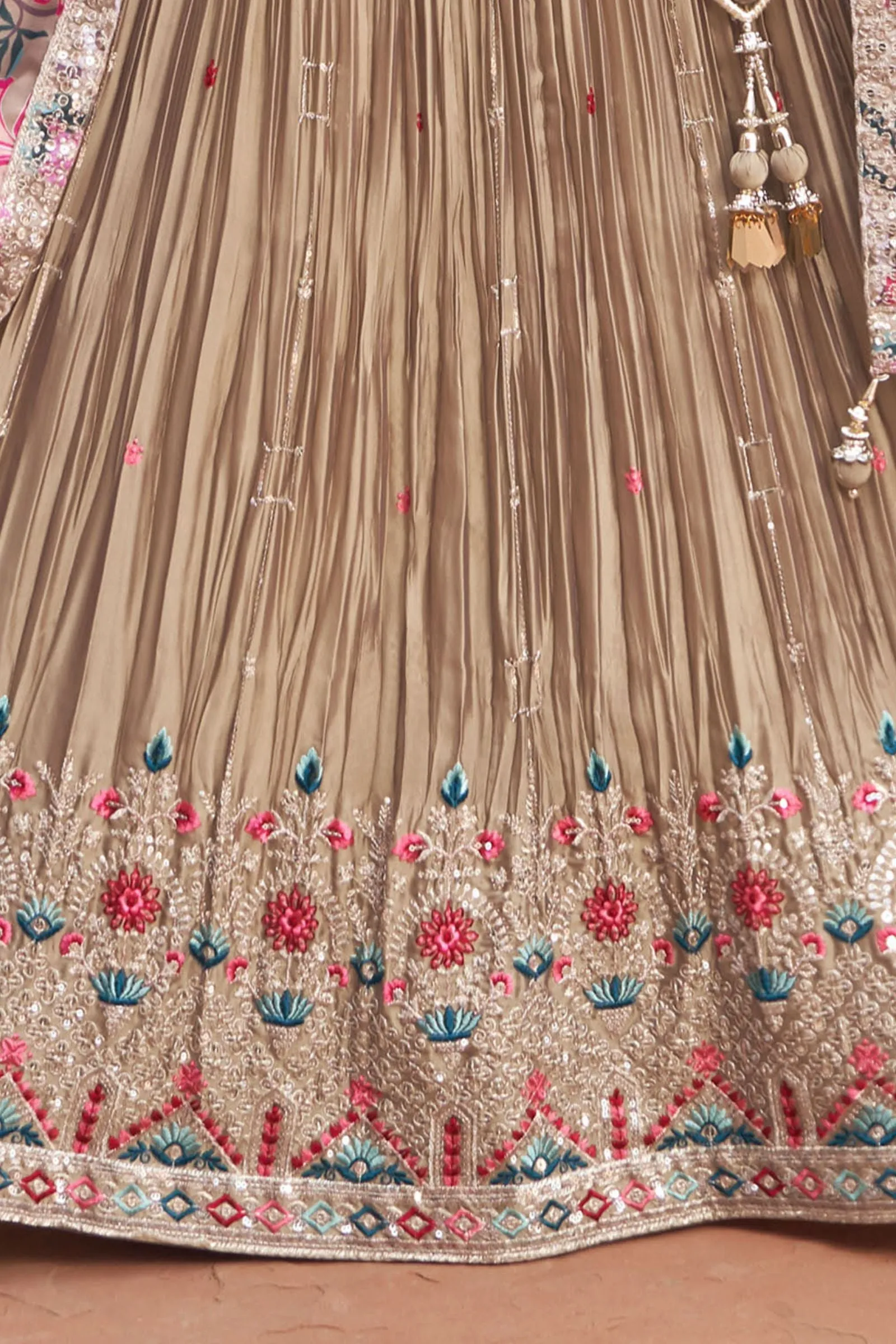 Gold Sequins, Zari and Multicolor Thread work Crop Top Lehenga with Floral Print Dupatta