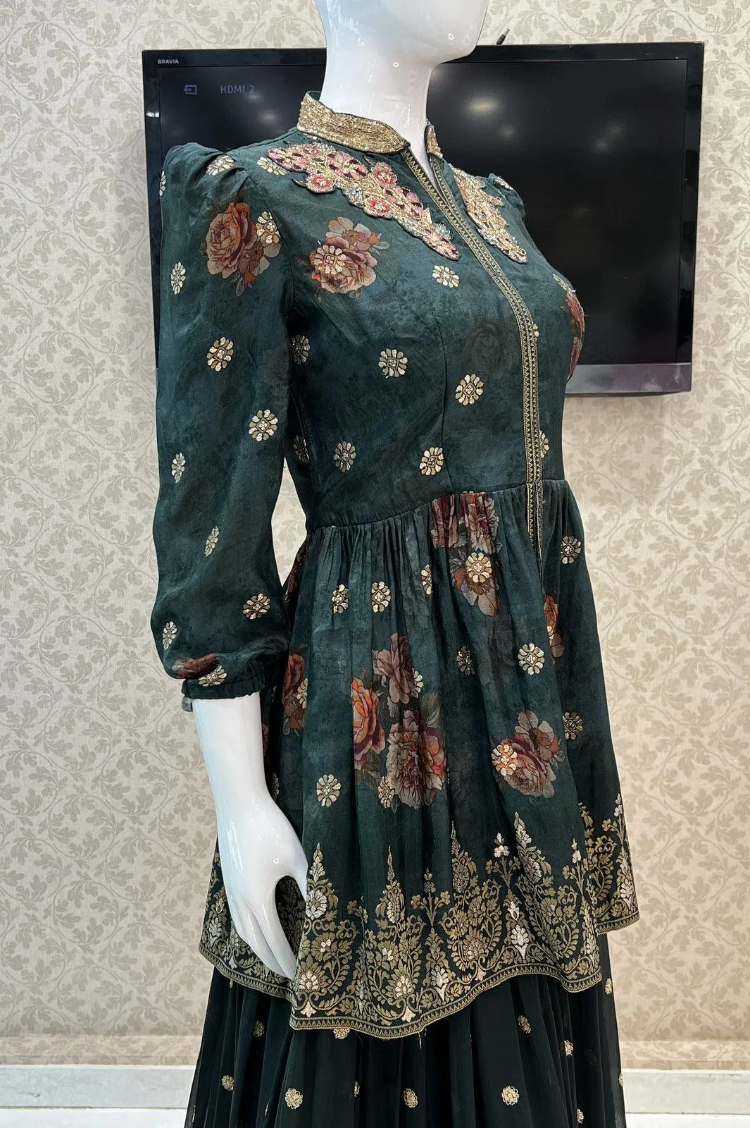 Green Beads, Stone and Banaras Butta work Peplum Style Lehenga