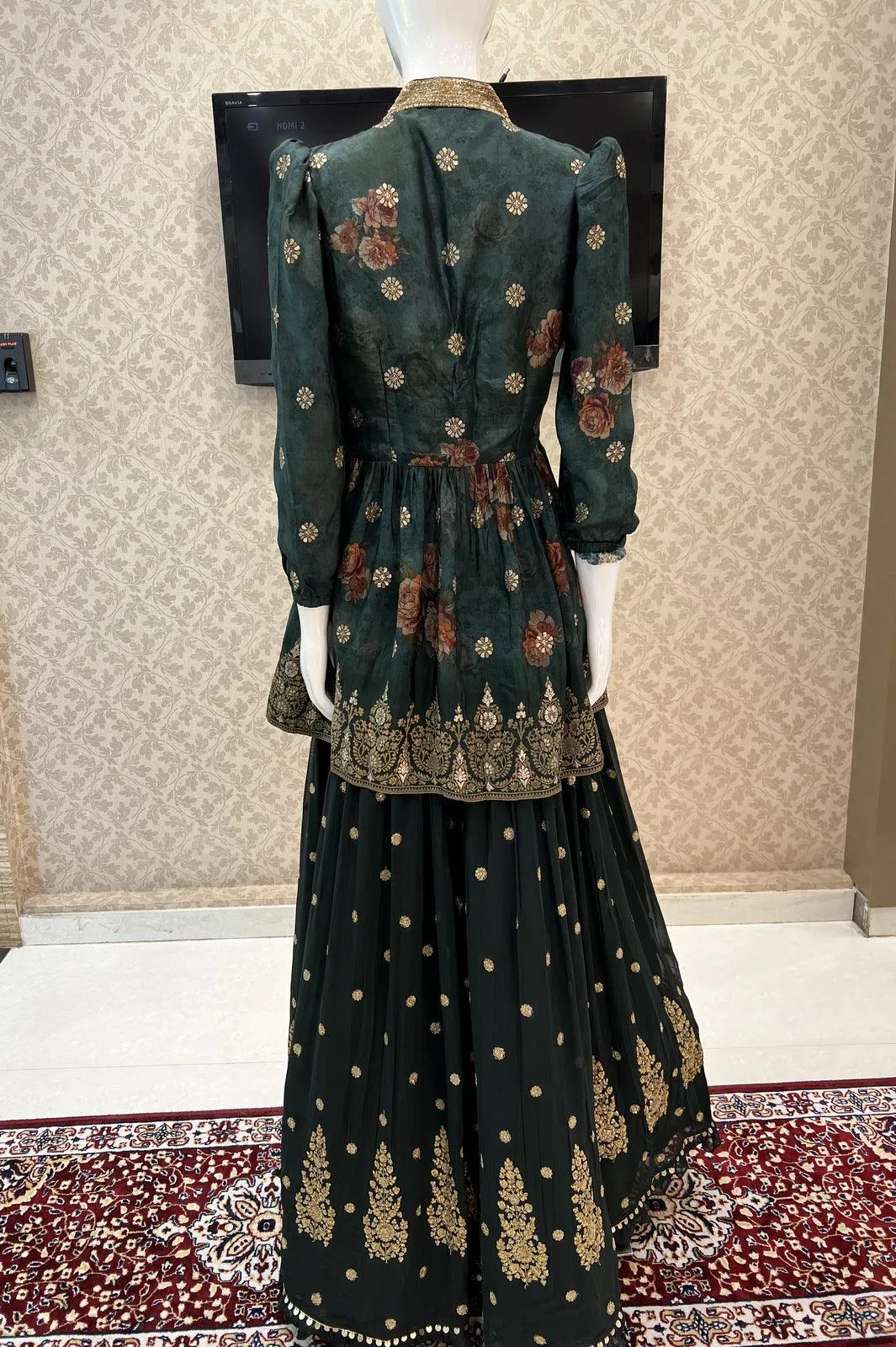 Green Beads, Stone and Banaras Butta work Peplum Style Lehenga