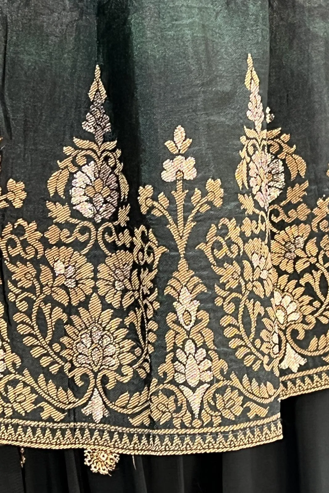 Green Beads, Stone and Banaras Butta work Peplum Style Lehenga