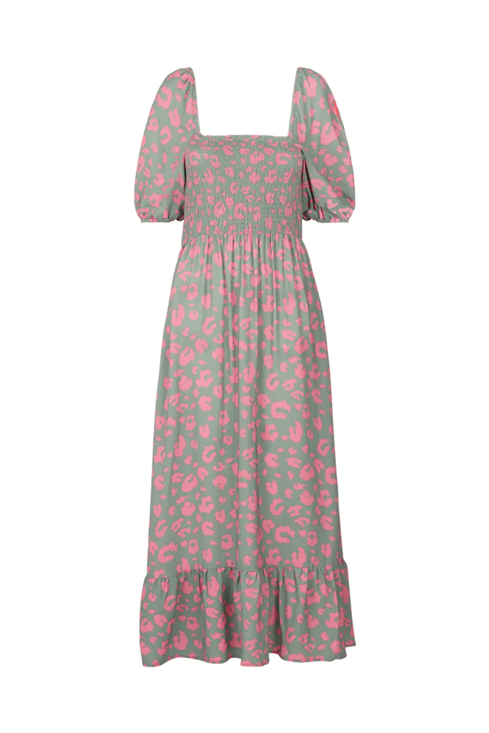 Khaki with Pink Leopard Shirred Midi Dress