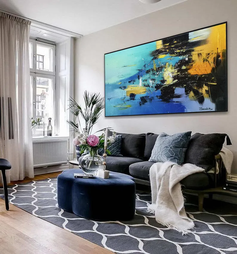 Large Blue Yellow Sea Abstract Painting Living Room Wall Art Gp017