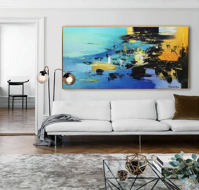 Large Blue Yellow Sea Abstract Painting Living Room Wall Art Gp017