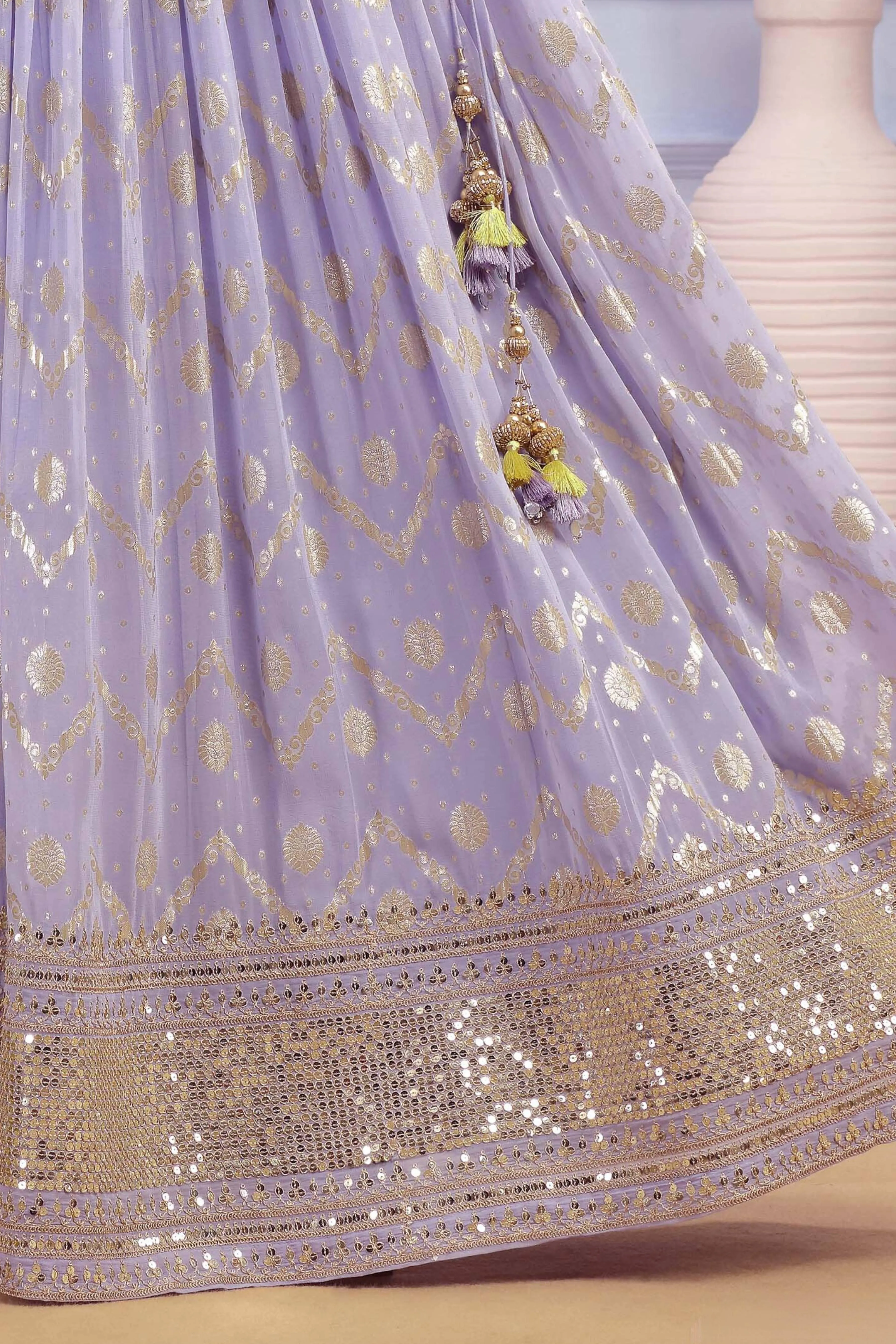 Lilac Mirror, Thread, Banaras and Stone work Crop Top Lehenga