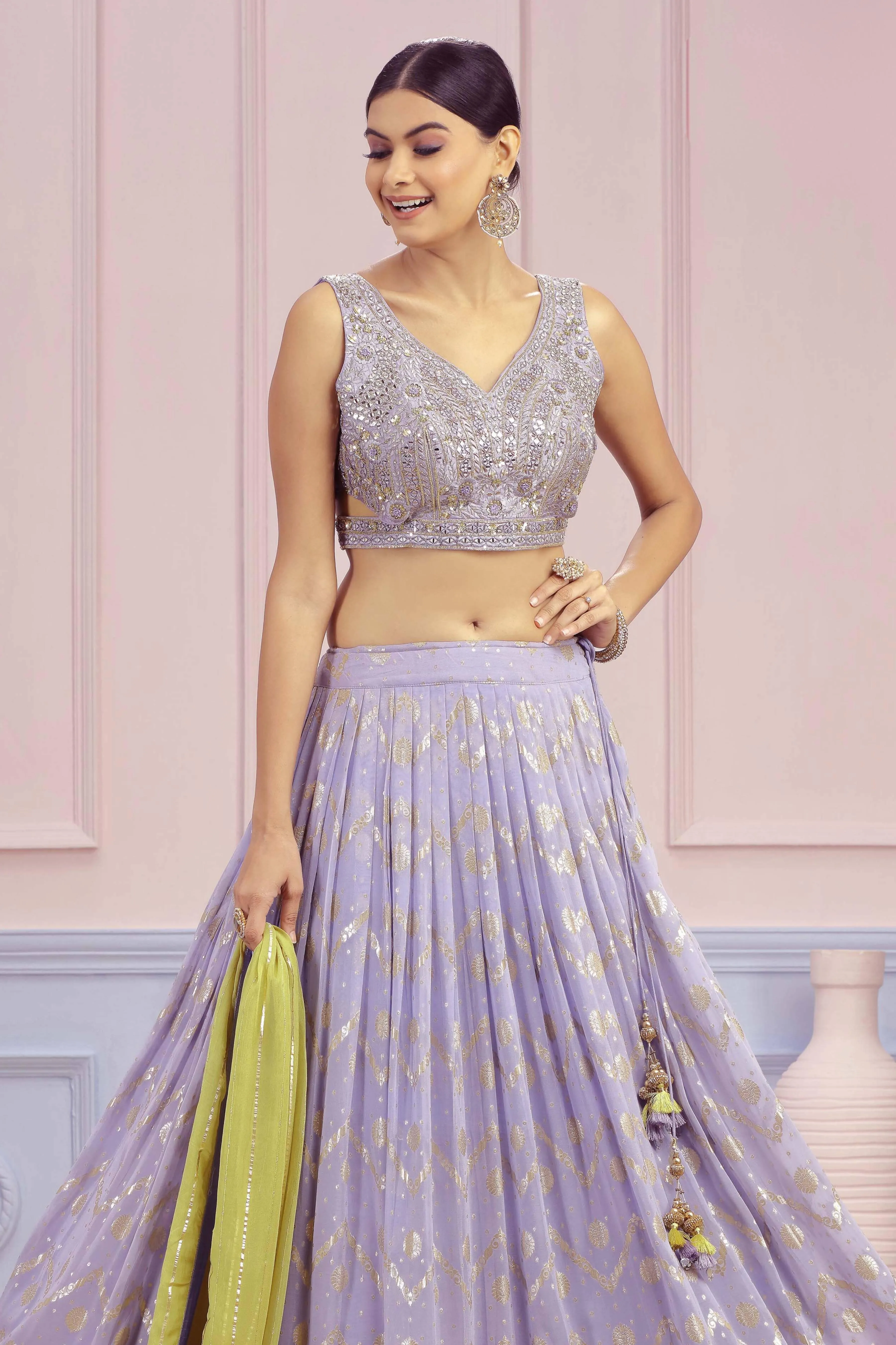 Lilac Mirror, Thread, Banaras and Stone work Crop Top Lehenga