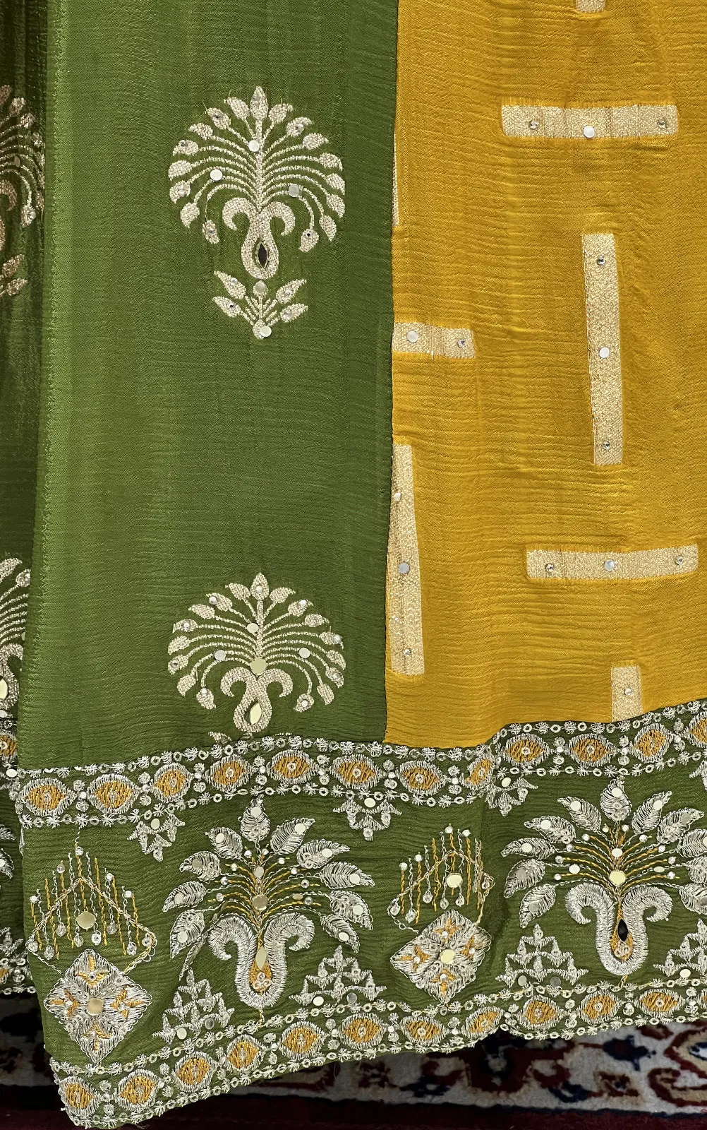 Mehendi Green with Mustard Zari Embroidery and Banaras work Crop Top Lehenga