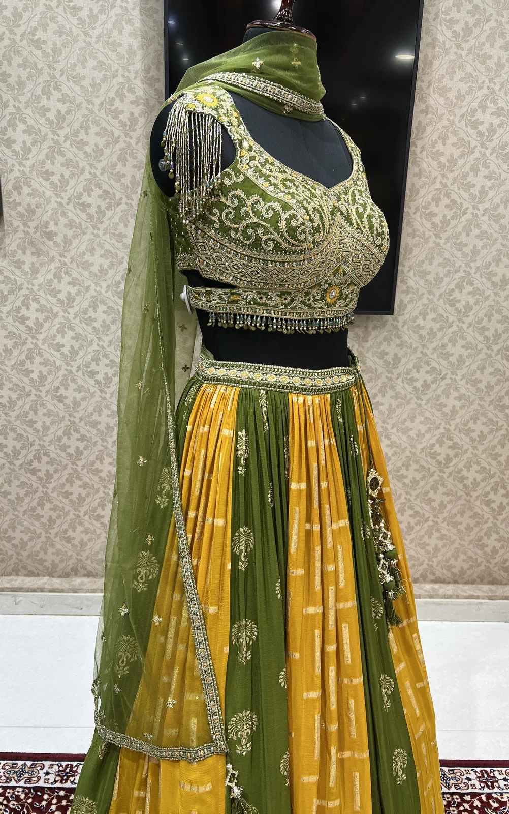 Mehendi Green with Mustard Zari Embroidery and Banaras work Crop Top Lehenga