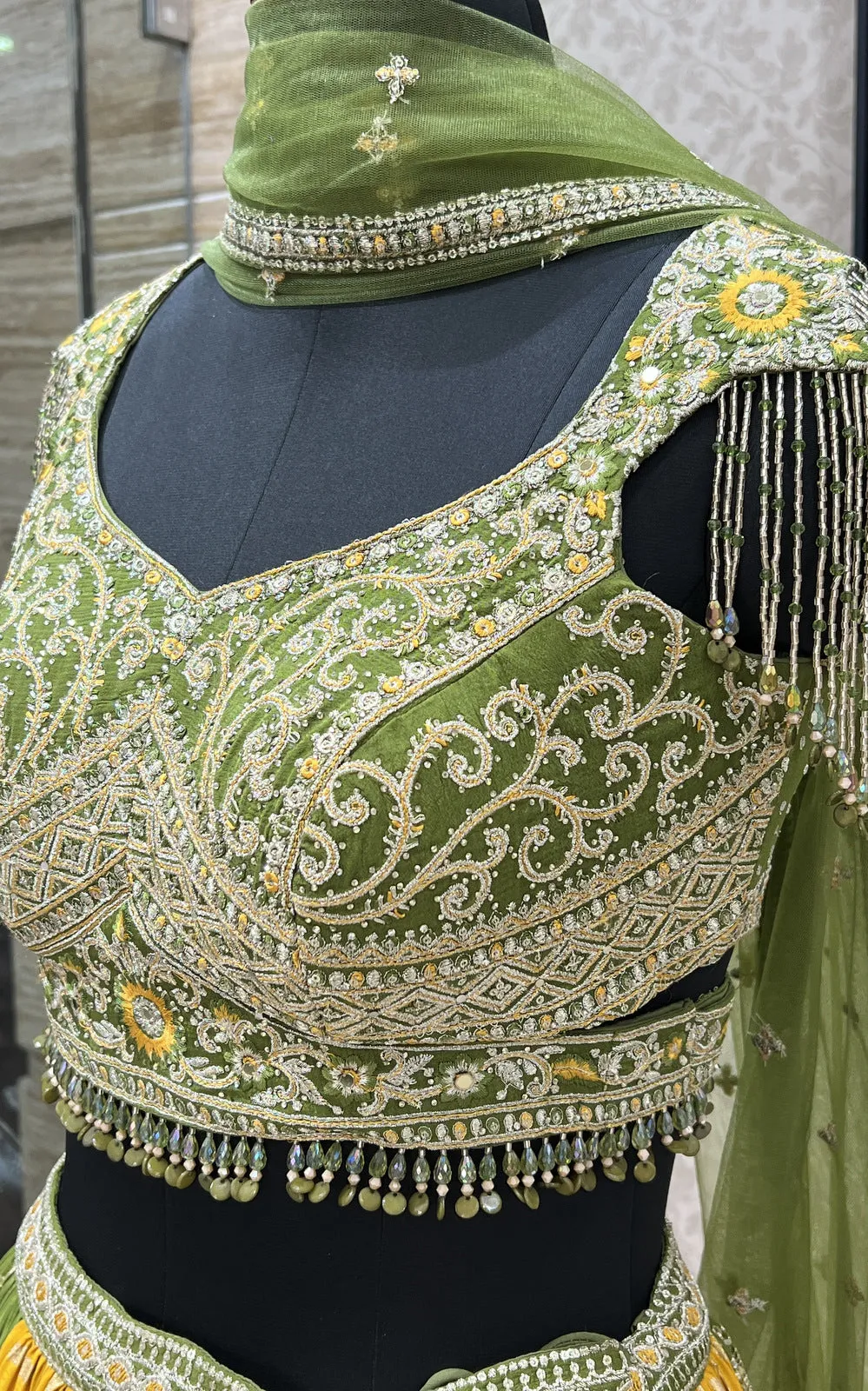 Mehendi Green with Mustard Zari Embroidery and Banaras work Crop Top Lehenga