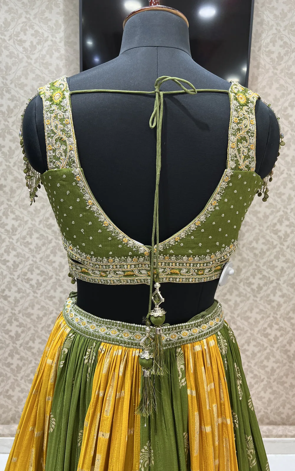 Mehendi Green with Mustard Zari Embroidery and Banaras work Crop Top Lehenga