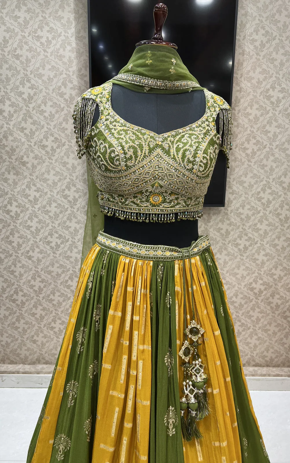 Mehendi Green with Mustard Zari Embroidery and Banaras work Crop Top Lehenga