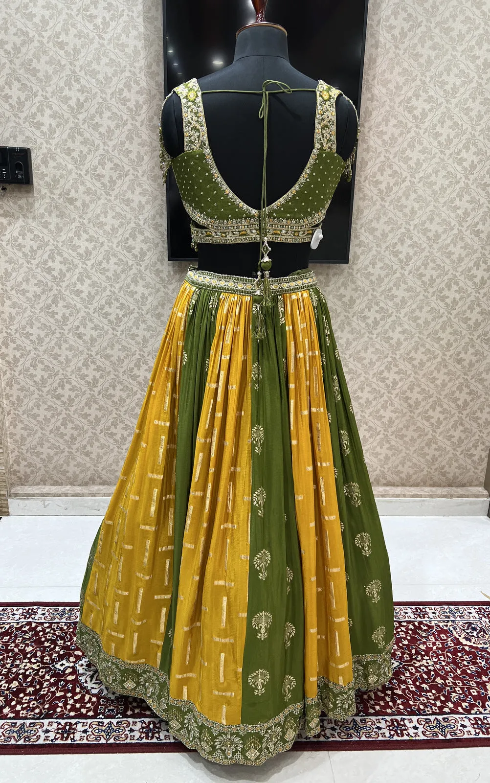 Mehendi Green with Mustard Zari Embroidery and Banaras work Crop Top Lehenga