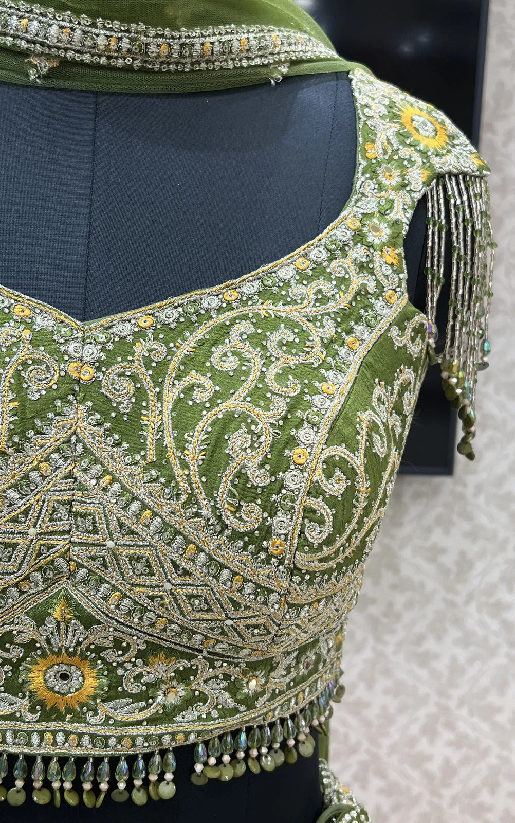 Mehendi Green with Mustard Zari Embroidery and Banaras work Crop Top Lehenga