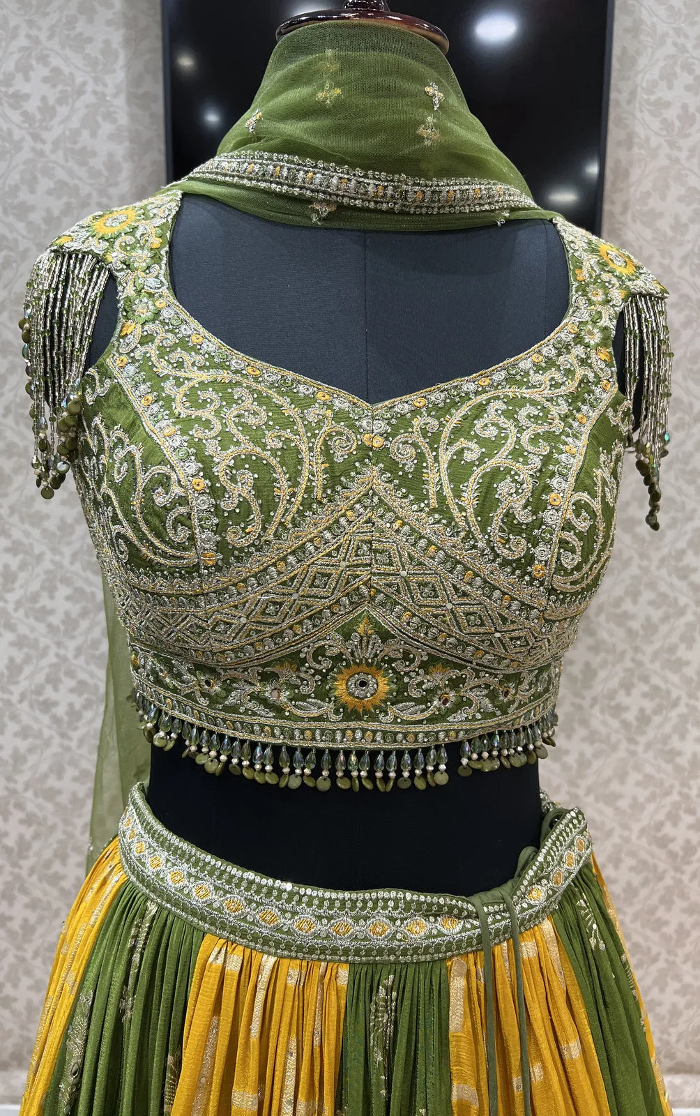 Mehendi Green with Mustard Zari Embroidery and Banaras work Crop Top Lehenga