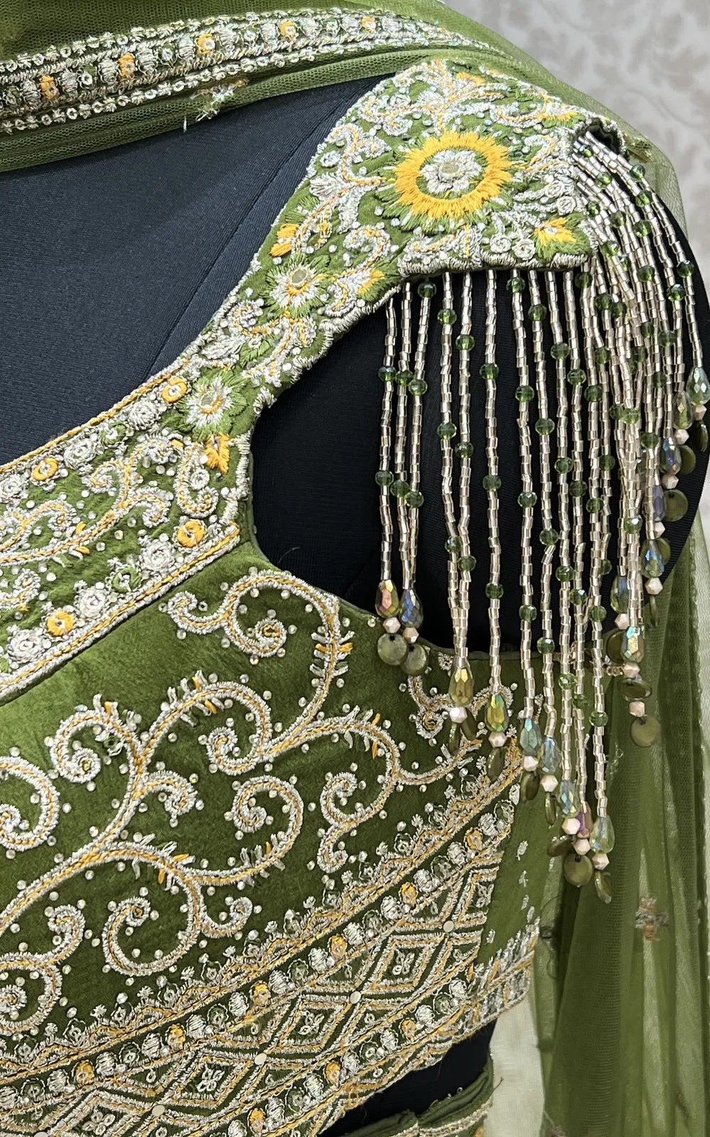 Mehendi Green with Mustard Zari Embroidery and Banaras work Crop Top Lehenga