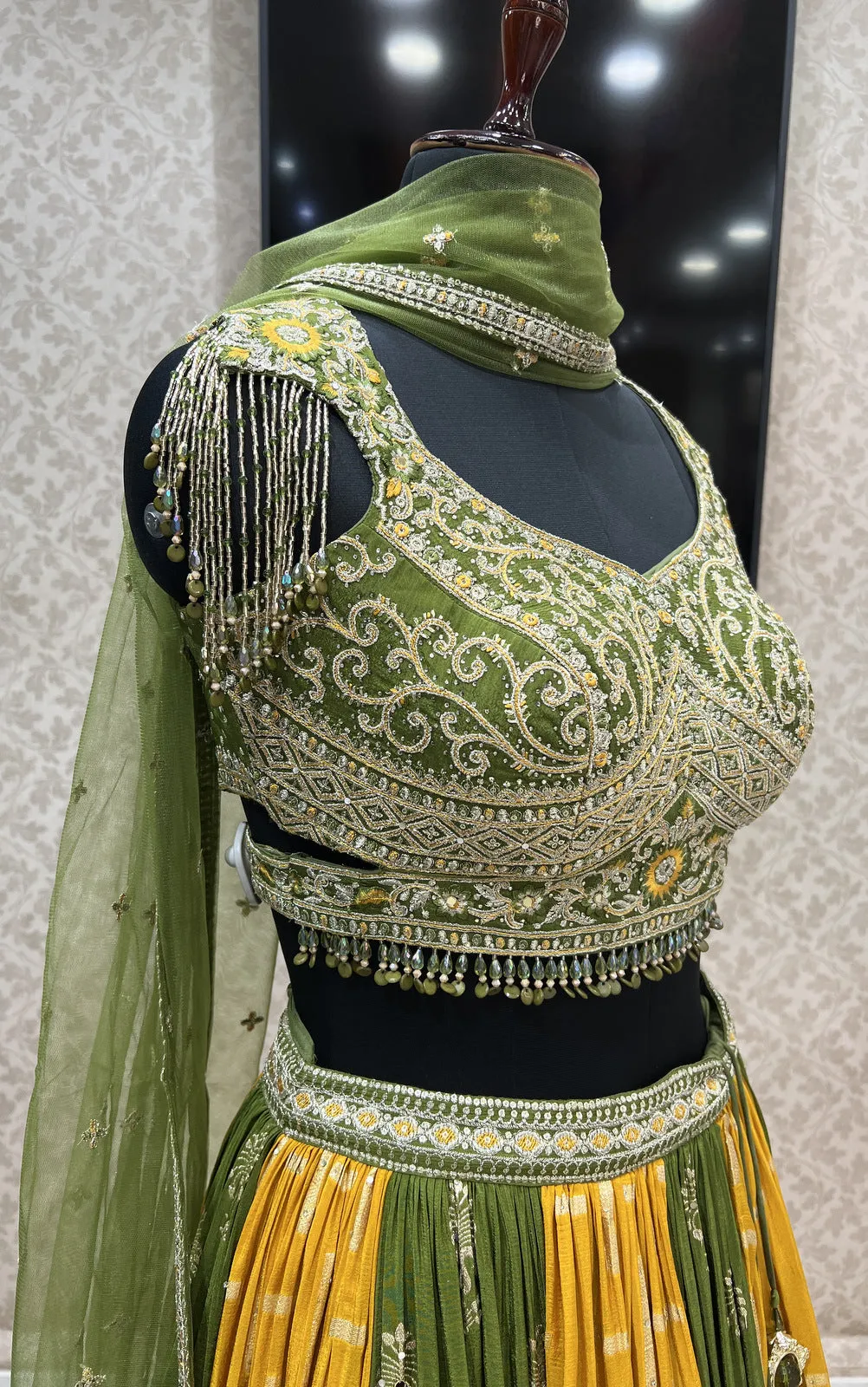 Mehendi Green with Mustard Zari Embroidery and Banaras work Crop Top Lehenga