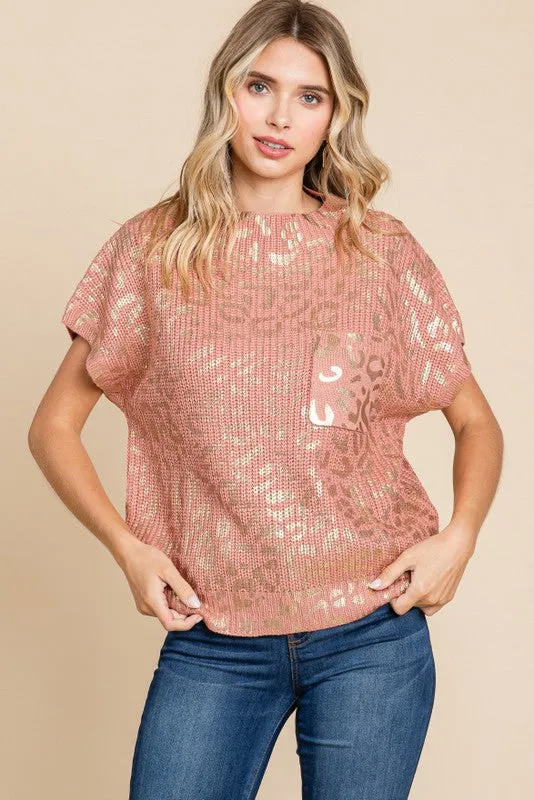Metallic Leopard Print Top with Pocket