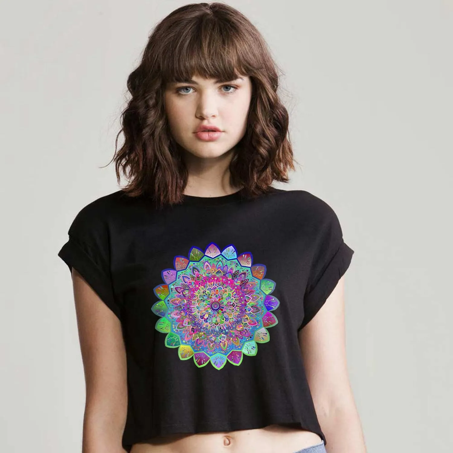 Organic Vibrant Mandala Art Cropped T-Shirt
