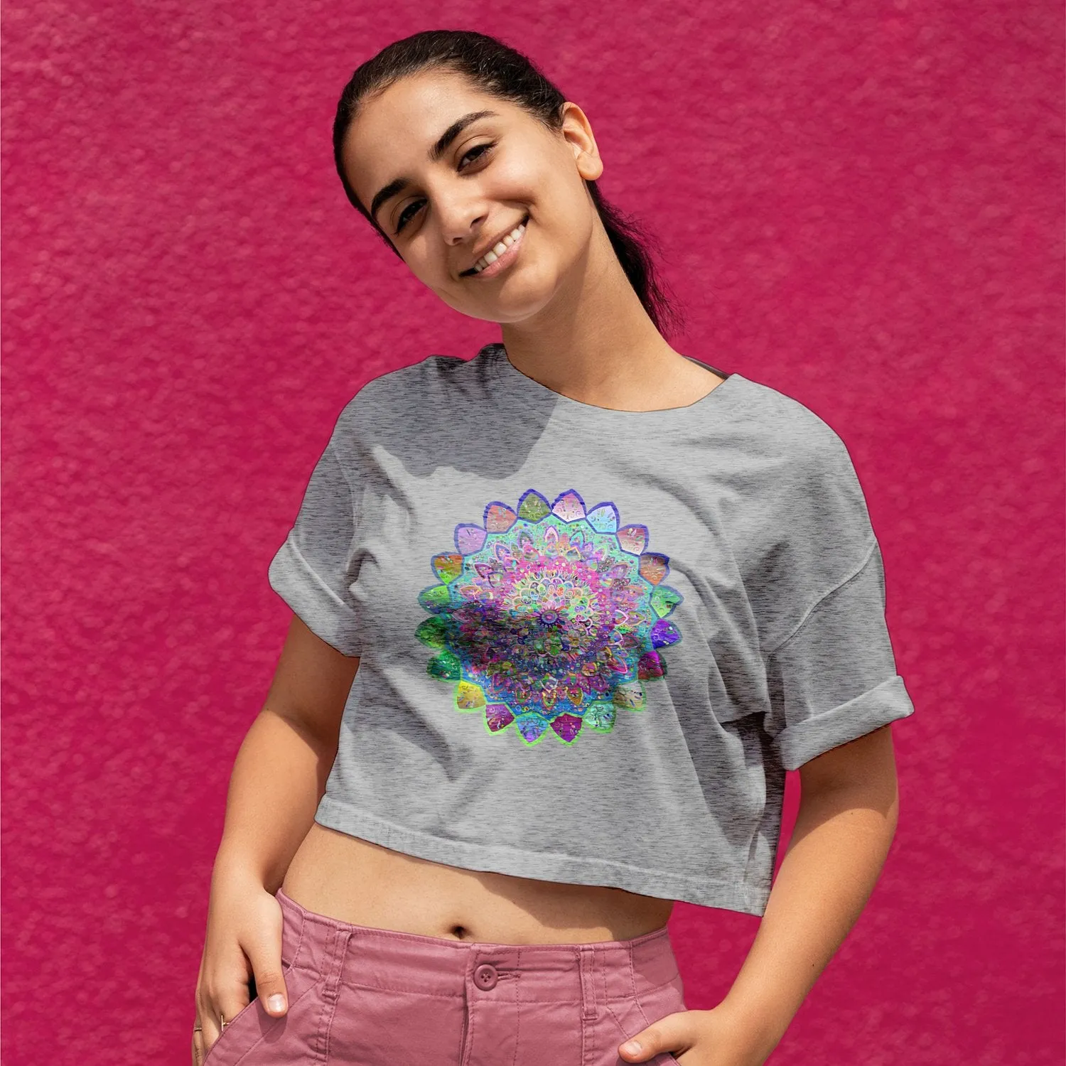Organic Vibrant Mandala Art Cropped T-Shirt