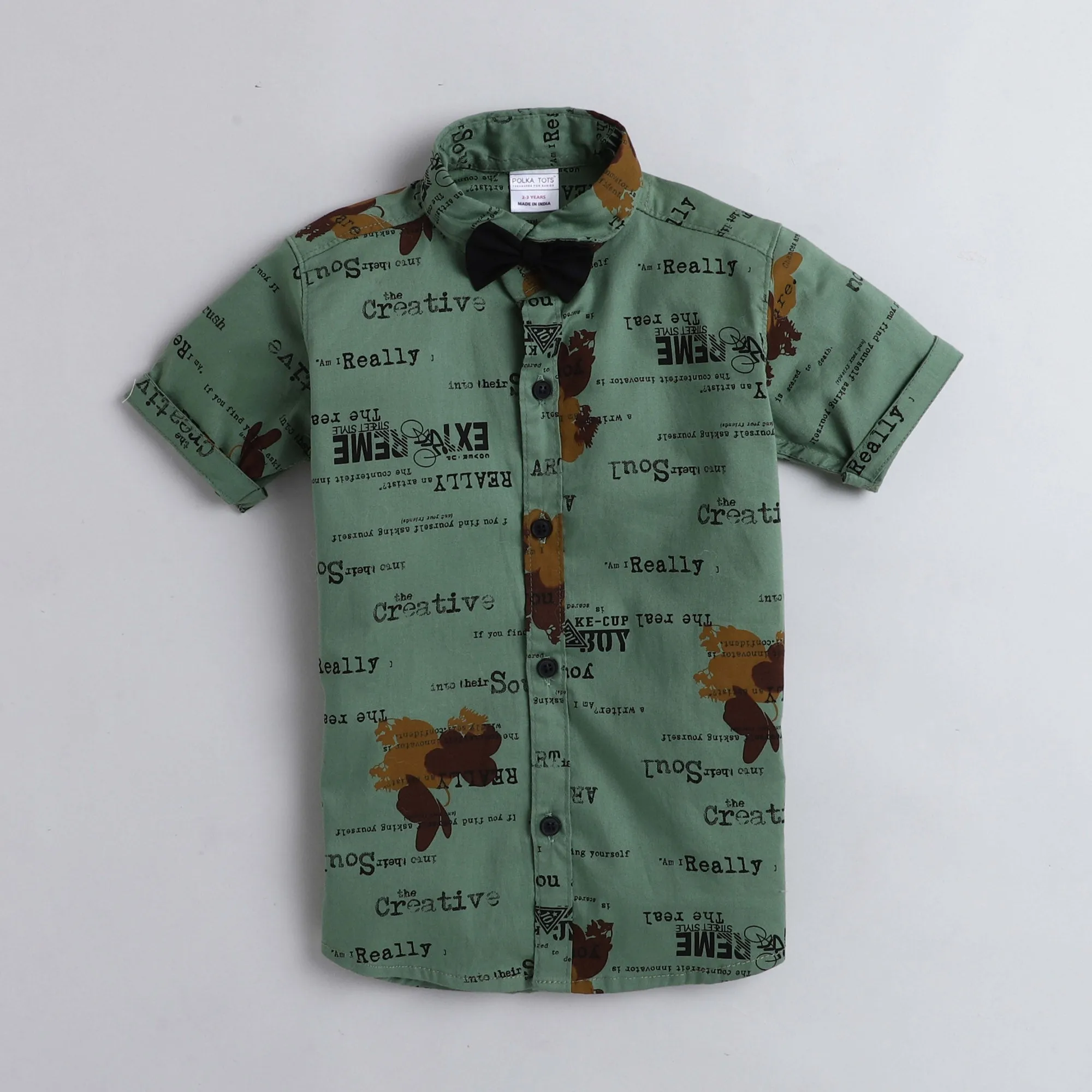 Polka Tots Half Sleeves All Over Text Printed Shirt With Bow Tie - Green
