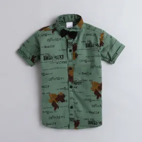 Polka Tots Half Sleeves All Over Text Printed Shirt With Bow Tie - Green
